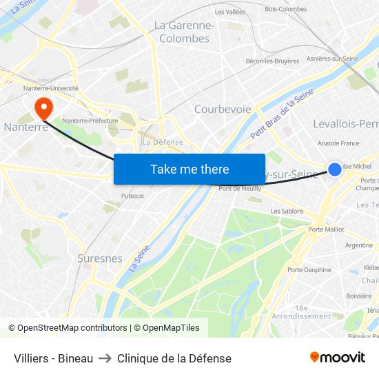 Villiers - Bineau to Clinique de la Défense map