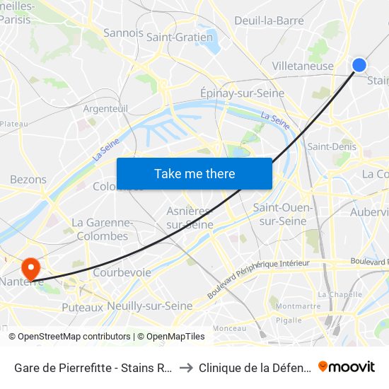Gare de Pierrefitte - Stains RER to Clinique de la Défense map