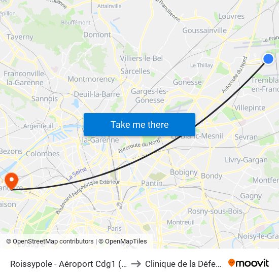 Roissypole - Aéroport Cdg1 (G1) to Clinique de la Défense map