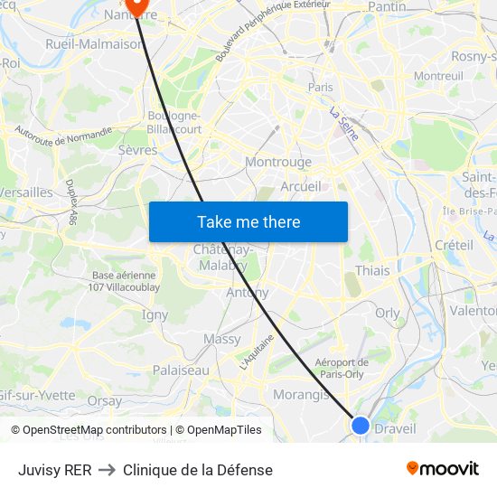 Juvisy RER to Clinique de la Défense map