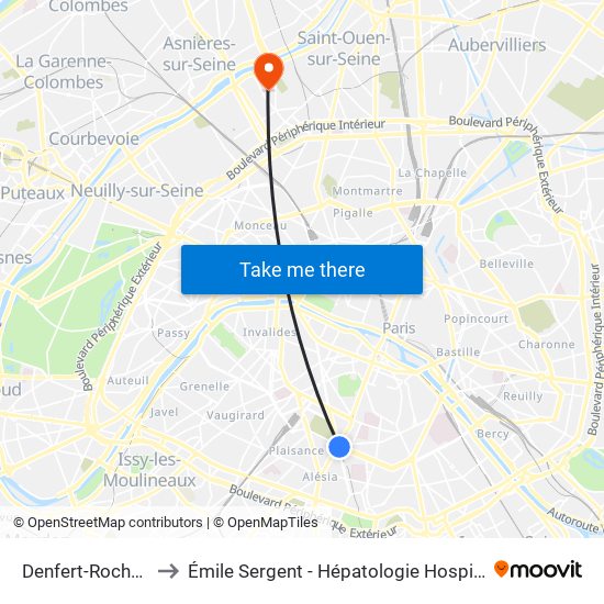 Denfert-Rochereau to Émile Sergent - Hépatologie Hospitalisation map