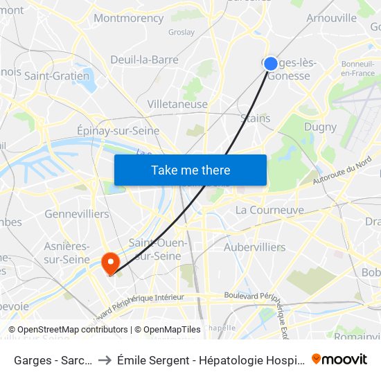 Garges - Sarcelles to Émile Sergent - Hépatologie Hospitalisation map