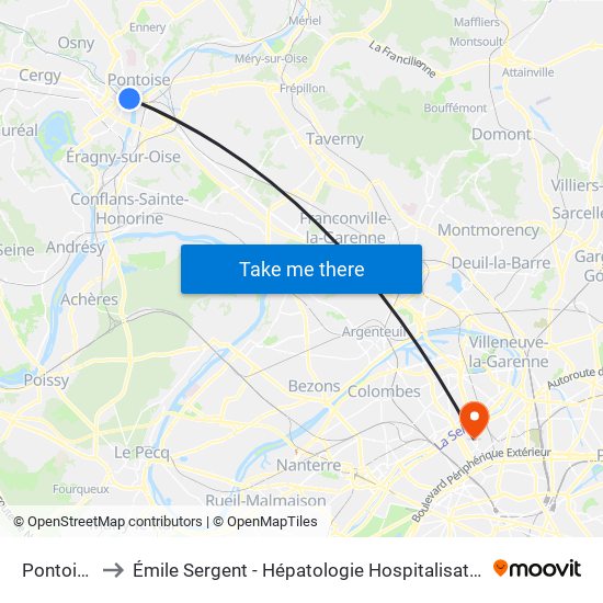 Pontoise to Émile Sergent - Hépatologie Hospitalisation map