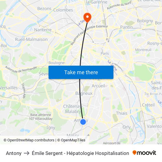 Antony to Émile Sergent - Hépatologie Hospitalisation map