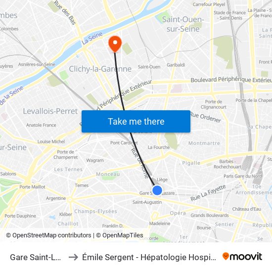 Gare Saint-Lazare to Émile Sergent - Hépatologie Hospitalisation map