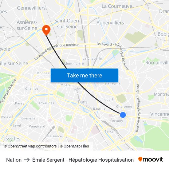 Nation to Émile Sergent - Hépatologie Hospitalisation map