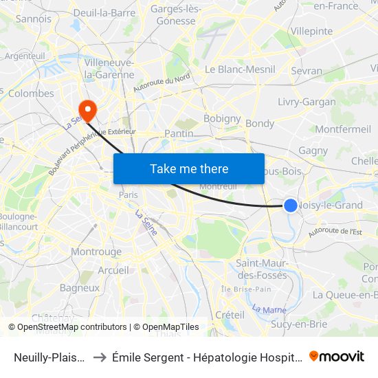 Neuilly-Plaisance to Émile Sergent - Hépatologie Hospitalisation map