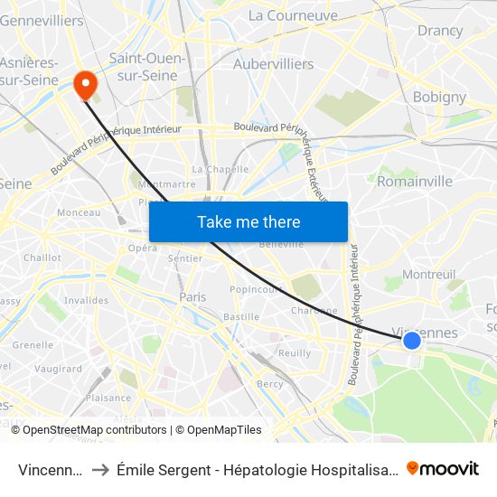 Vincennes to Émile Sergent - Hépatologie Hospitalisation map