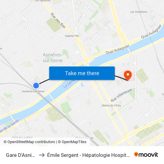 Gare D'Asnieres to Émile Sergent - Hépatologie Hospitalisation map