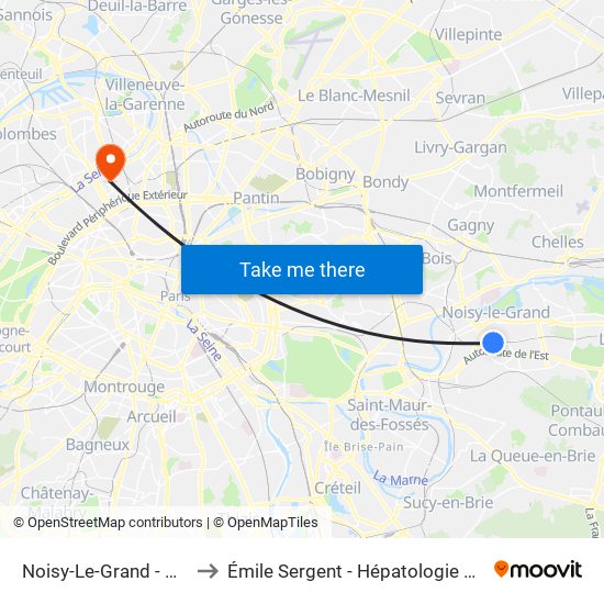 Noisy-Le-Grand - Mont D'Est to Émile Sergent - Hépatologie Hospitalisation map