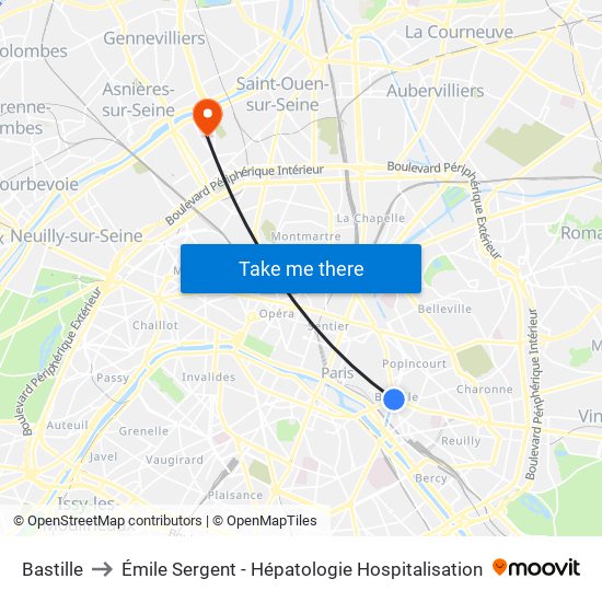 Bastille to Émile Sergent - Hépatologie Hospitalisation map