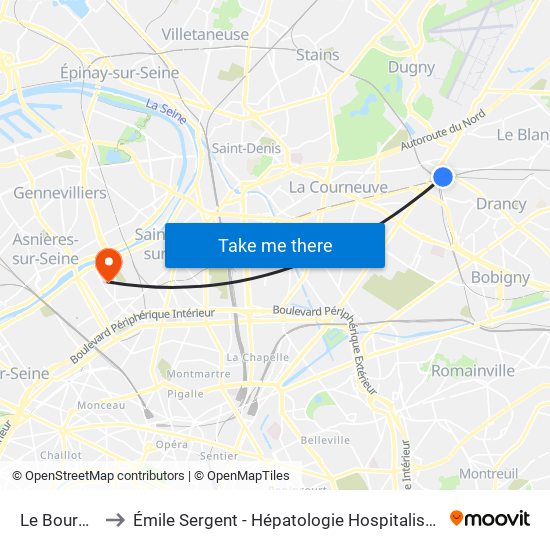 Le Bourget to Émile Sergent - Hépatologie Hospitalisation map