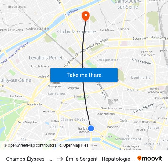 Champs-Élysées - Clemenceau to Émile Sergent - Hépatologie Hospitalisation map