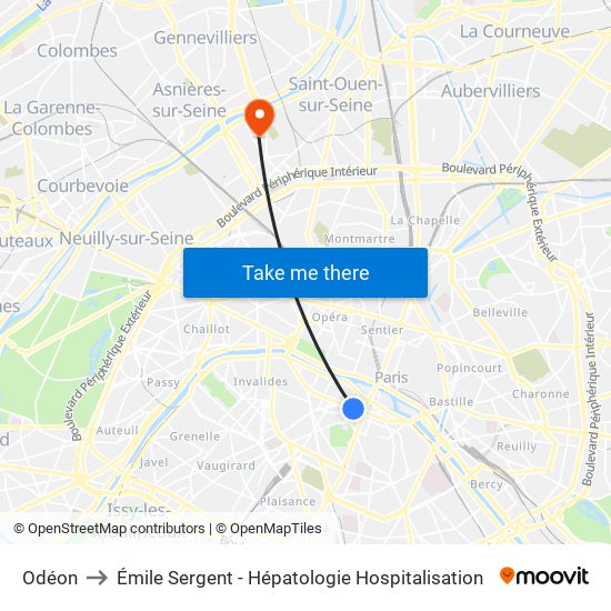 Odéon to Émile Sergent - Hépatologie Hospitalisation map