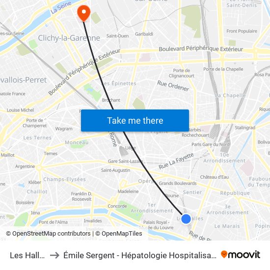 Les Halles to Émile Sergent - Hépatologie Hospitalisation map