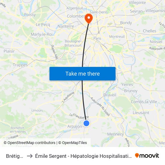 Brétigny to Émile Sergent - Hépatologie Hospitalisation map