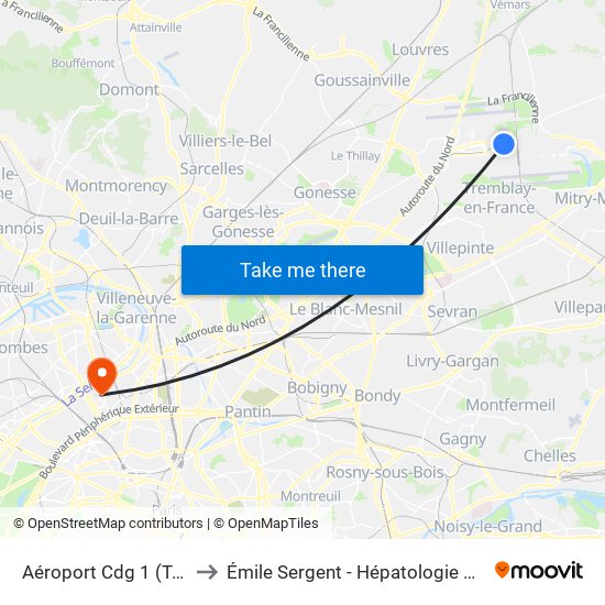 Aéroport Cdg 1 (Terminal 3) to Émile Sergent - Hépatologie Hospitalisation map