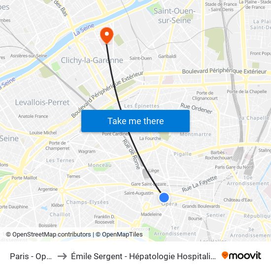 Paris - Opéra to Émile Sergent - Hépatologie Hospitalisation map