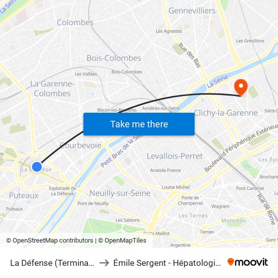 La Défense (Terminal Jules Verne) to Émile Sergent - Hépatologie Hospitalisation map
