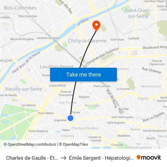 Charles de Gaulle - Étoile - Wagram to Émile Sergent - Hépatologie Hospitalisation map