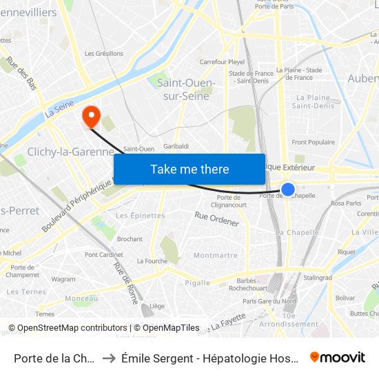 Porte de la Chapelle to Émile Sergent - Hépatologie Hospitalisation map