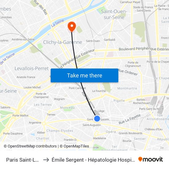 Paris Saint-Lazare to Émile Sergent - Hépatologie Hospitalisation map