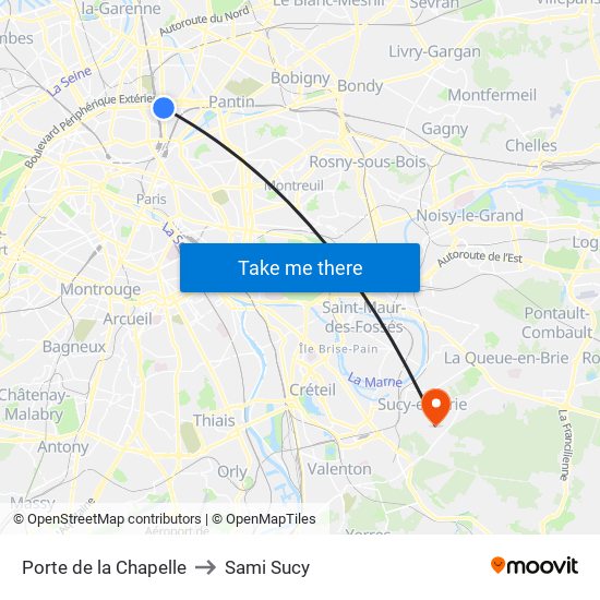 Porte de la Chapelle to Sami Sucy map