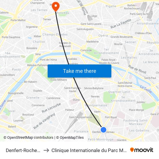 Denfert-Rochereau to Clinique Internationale du Parc Monceau map