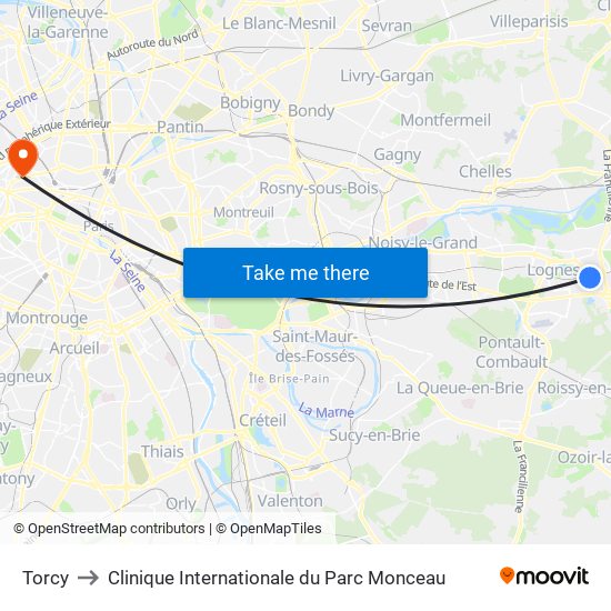 Torcy to Clinique Internationale du Parc Monceau map