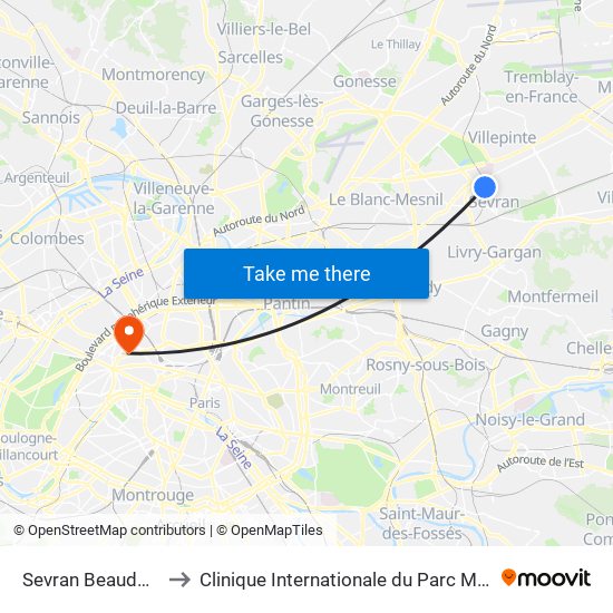 Sevran Beaudottes to Clinique Internationale du Parc Monceau map
