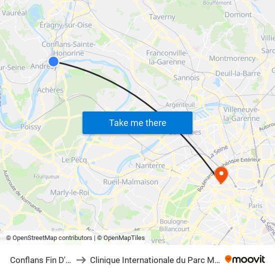 Conflans Fin D'Oise to Clinique Internationale du Parc Monceau map