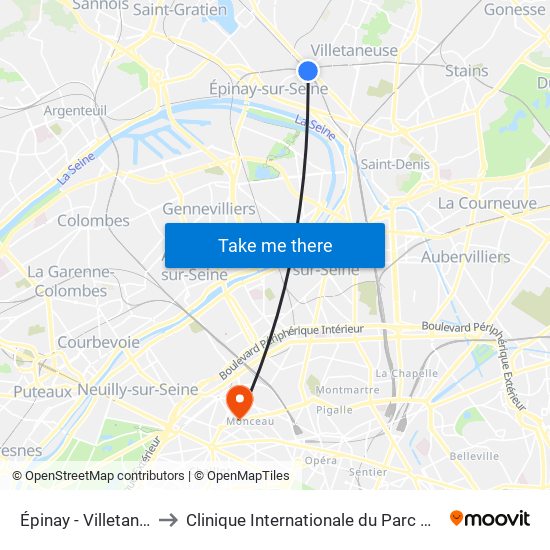 Épinay - Villetaneuse to Clinique Internationale du Parc Monceau map