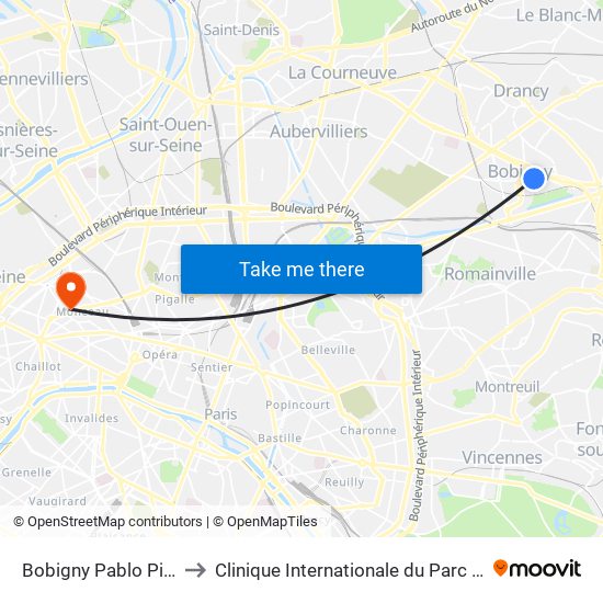 Bobigny Pablo Picasso to Clinique Internationale du Parc Monceau map