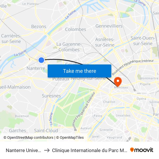 Nanterre Université to Clinique Internationale du Parc Monceau map