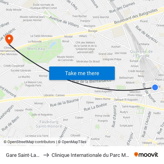 Gare Saint-Lazare to Clinique Internationale du Parc Monceau map