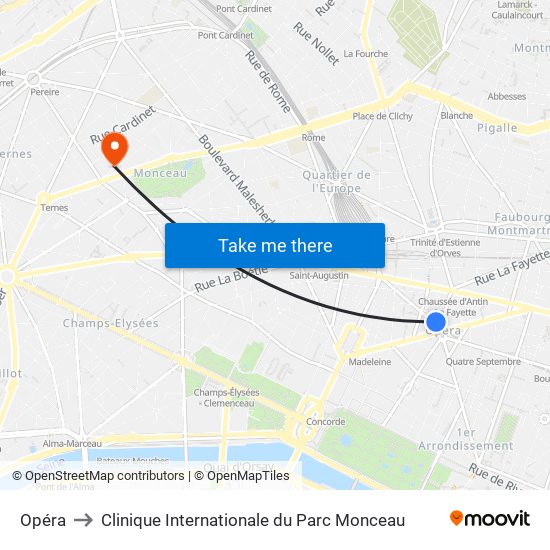 Opéra to Clinique Internationale du Parc Monceau map