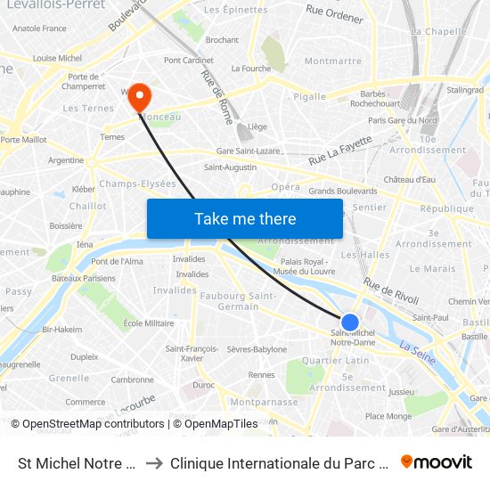 St Michel Notre Dame to Clinique Internationale du Parc Monceau map
