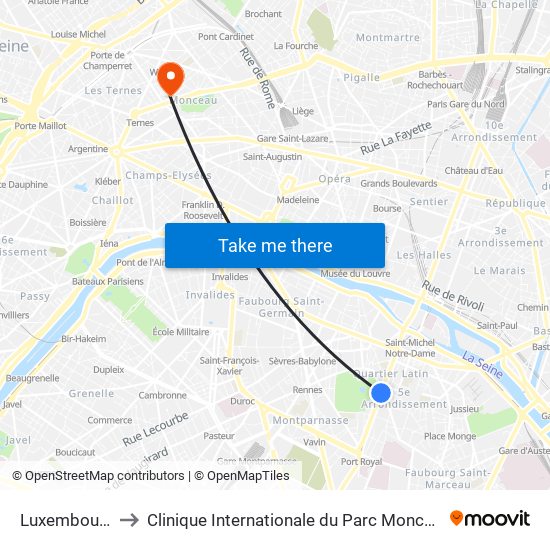 Luxembourg to Clinique Internationale du Parc Monceau map