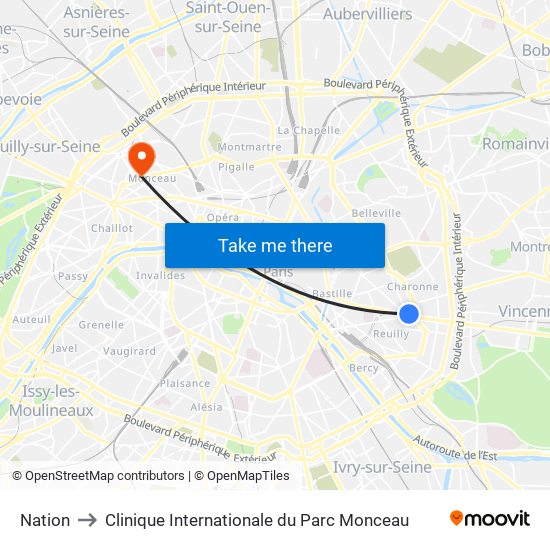 Nation to Clinique Internationale du Parc Monceau map