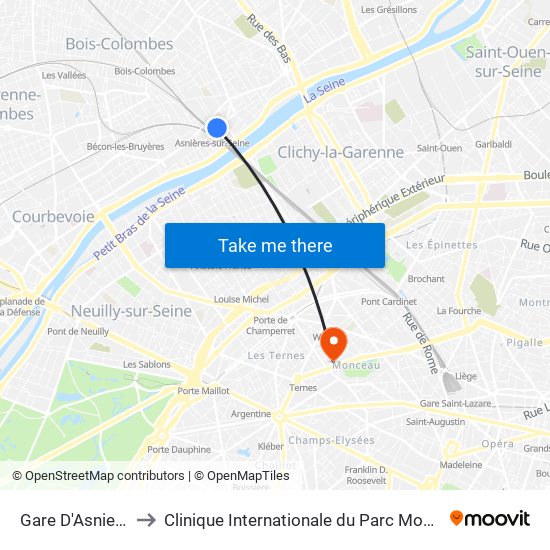 Gare D'Asnieres to Clinique Internationale du Parc Monceau map