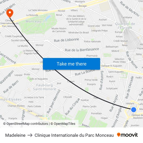 Madeleine to Clinique Internationale du Parc Monceau map