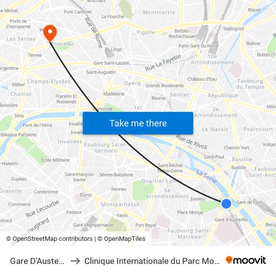 Gare D'Austerlitz to Clinique Internationale du Parc Monceau map