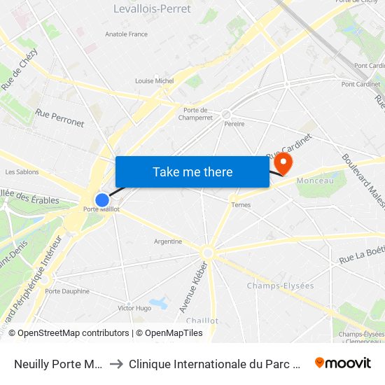 Neuilly Porte Maillot to Clinique Internationale du Parc Monceau map