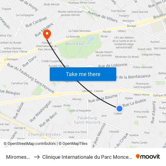 Miromesnil to Clinique Internationale du Parc Monceau map
