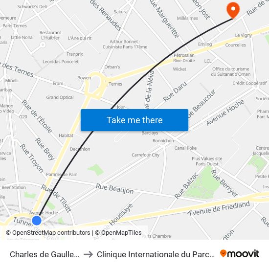 Charles de Gaulle Etoile to Clinique Internationale du Parc Monceau map