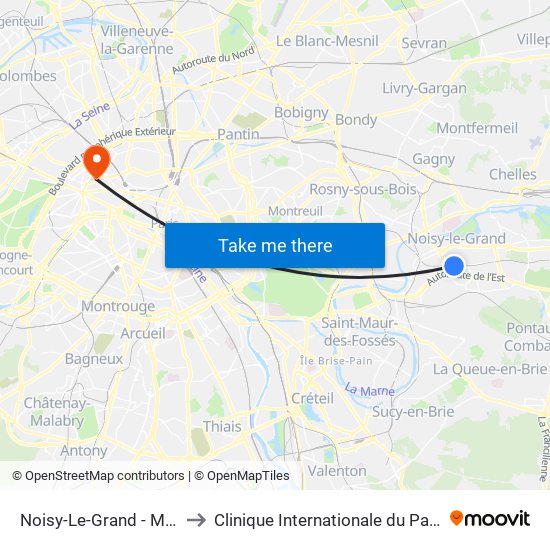Noisy-Le-Grand - Mont D'Est to Clinique Internationale du Parc Monceau map