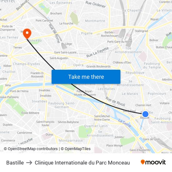 Bastille to Clinique Internationale du Parc Monceau map