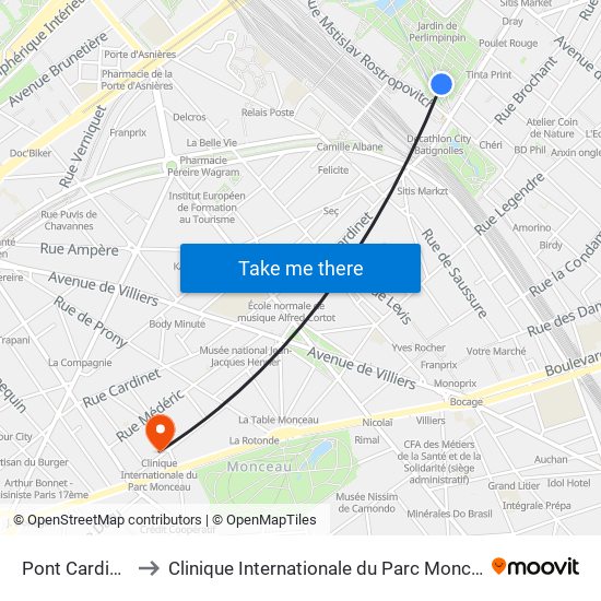 Pont Cardinet to Clinique Internationale du Parc Monceau map