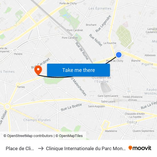 Place de Clichy to Clinique Internationale du Parc Monceau map