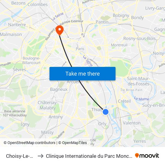Choisy-Le-Roi to Clinique Internationale du Parc Monceau map